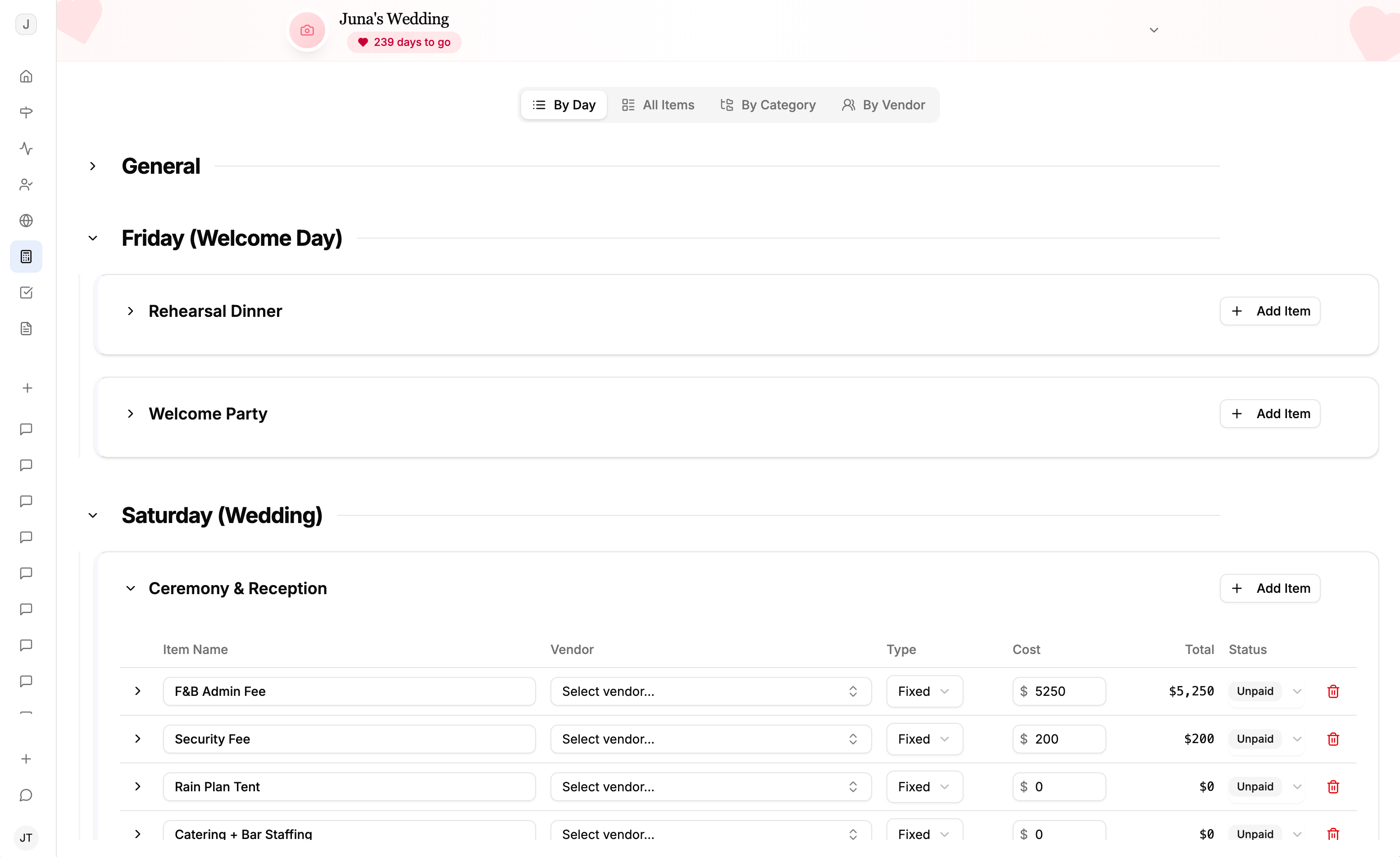 Wedding budget tracker interface
