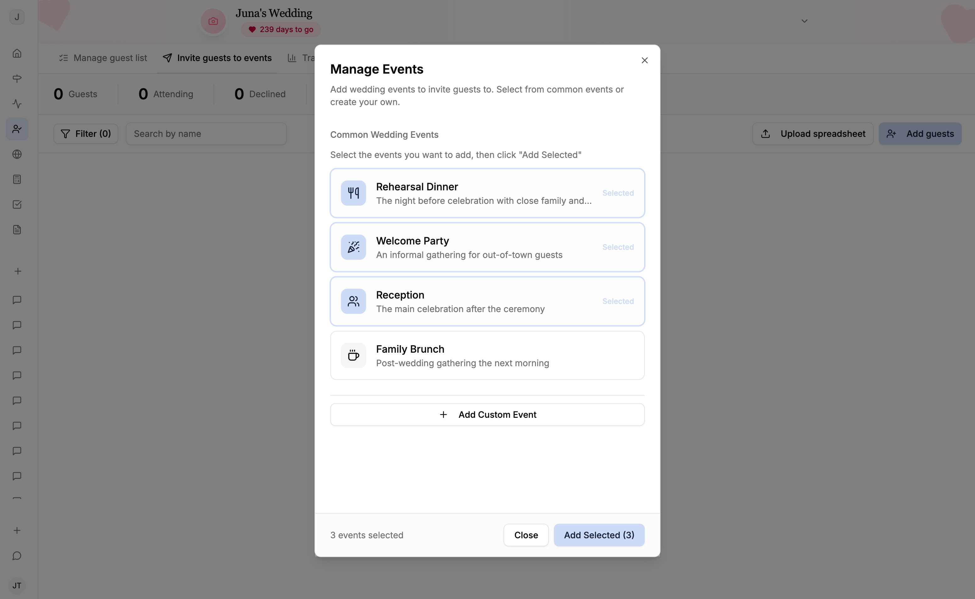 Wedding events planner interface