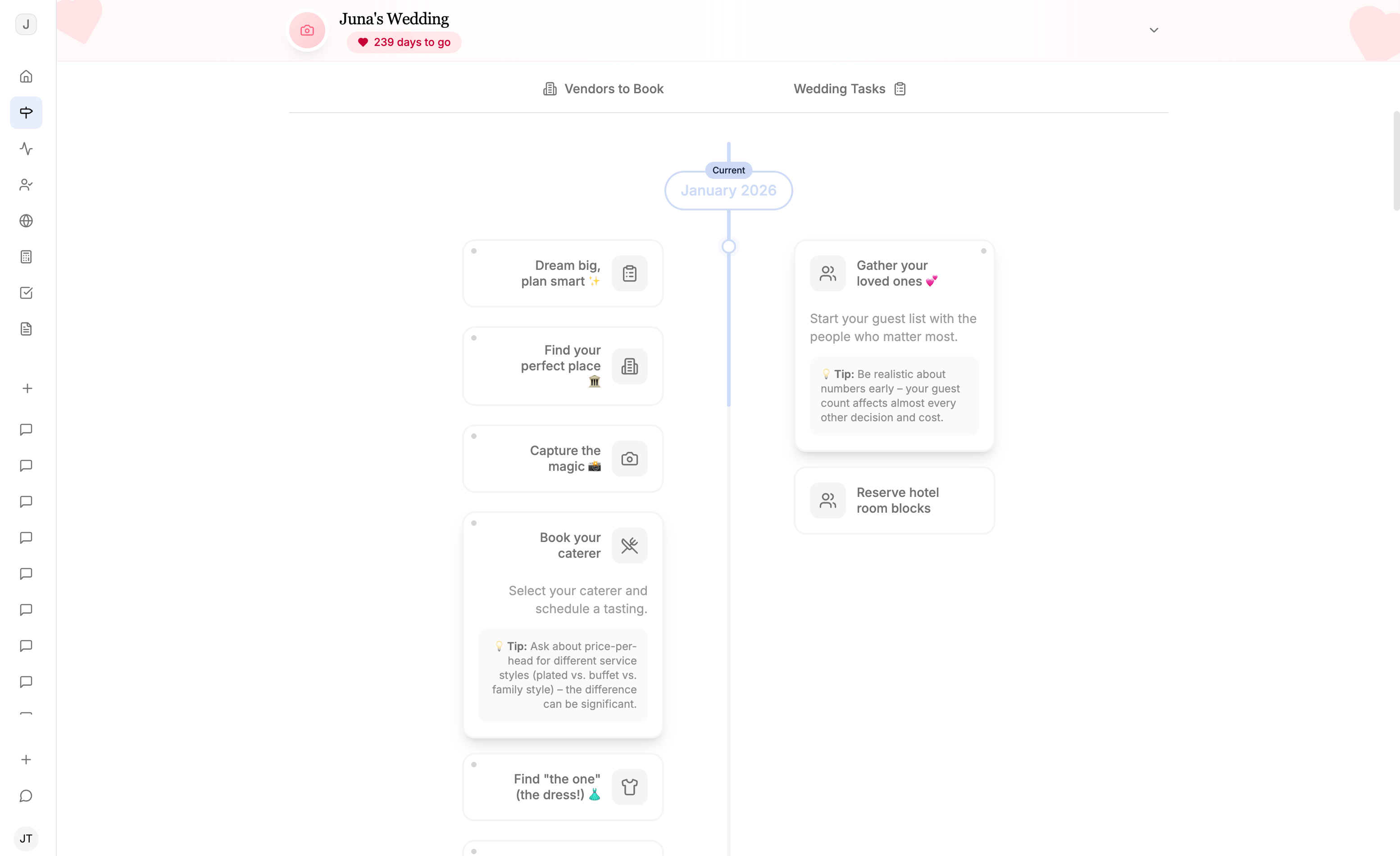 Wedding planning timeline interface