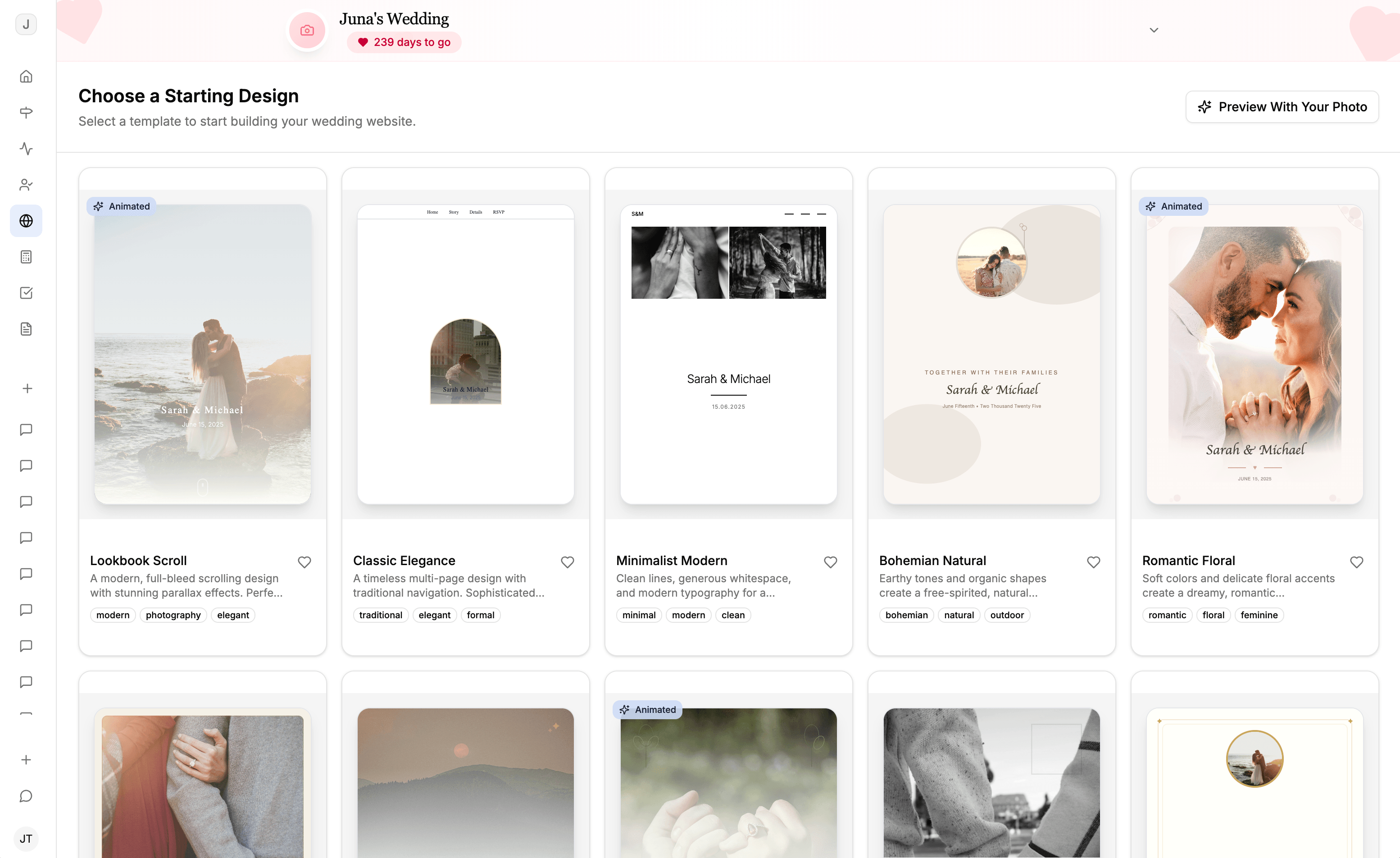Wedding website builder interface